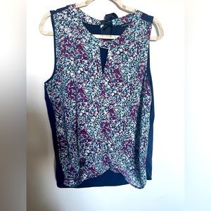 Blue floral faux wrap blouse